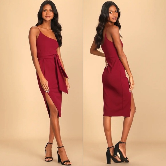 Club Scene Wine Red One-Shoulder Bodycon Midi Dress - Picture 1 of 15